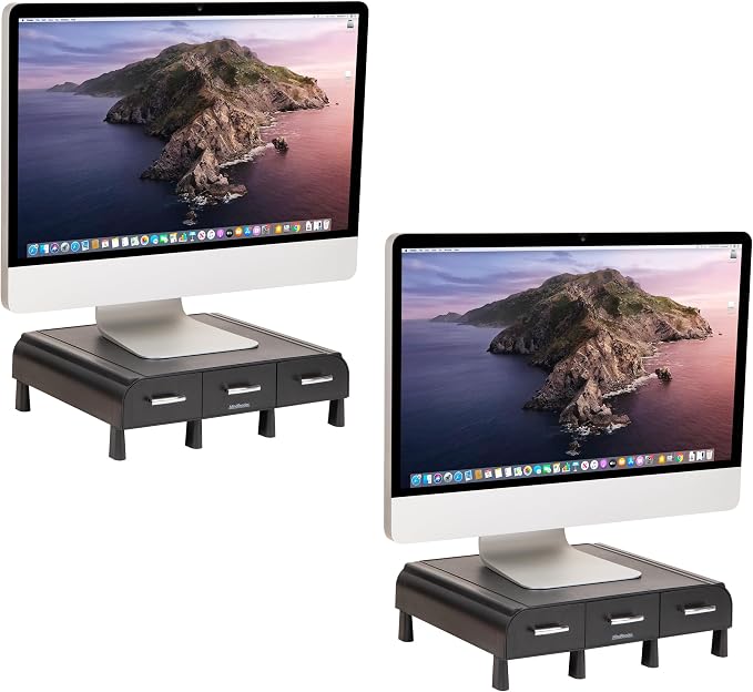 Mind Reader Monitor Stand, 3 Storage Drawers, Desktop Organizer, Riser, Office, 13.5"L x 13"W x 4"H, Set of 2, Black by MindReader