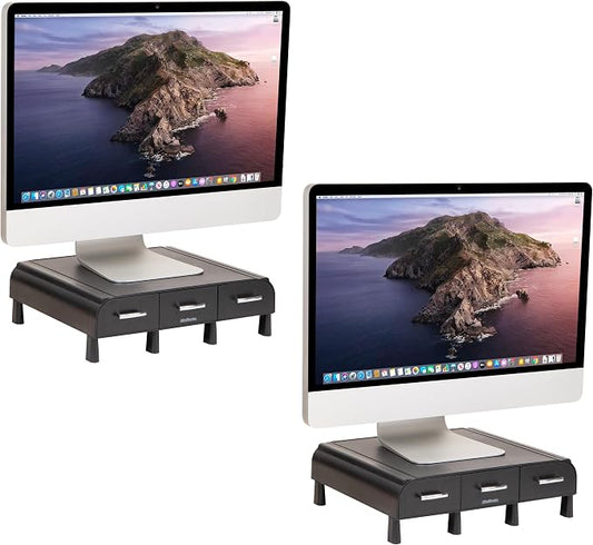 Mind Reader Monitor Stand, 3 Storage Drawers, Desktop Organizer, Riser, Office, 13.5"L x 13"W x 4"H, Set of 2, Black by MindReader