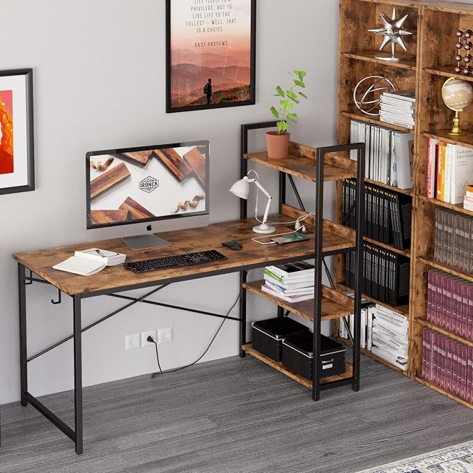 IRONCK Computer Desk 55" with Power Outlet and Storage Shelves,Rustic Brown | Study Writing Table with USB Ports Charging Station, PC Desk Workstation for Home Office - Image 8