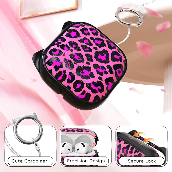 for AirPods 4 Case with Cleaning Kit, Cute Cat Ear Print Design & Cute Buckle, Inverted Phone Holder Design, Top Safe Lock Buckle Design, for Girls AirPods 4 case 2024, Rose Leopard - Image 5