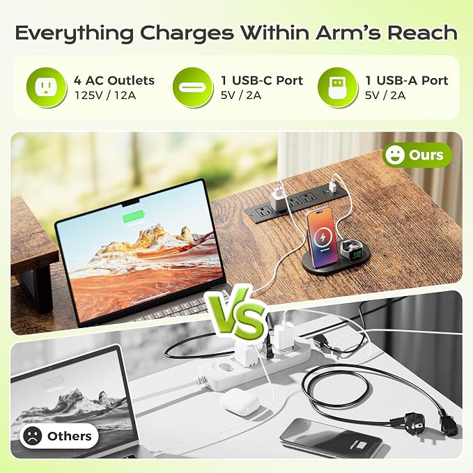 PRAISUN 61" L Shaped Computer Desk, Outlets, Monitor Stand, Rustic Brown | USB-C Ports, Reversible Charging Station, Spacious Desktop & Legroom, 0.94 Inch Thick Desktop, for Gaming, Study & Work - Image 5