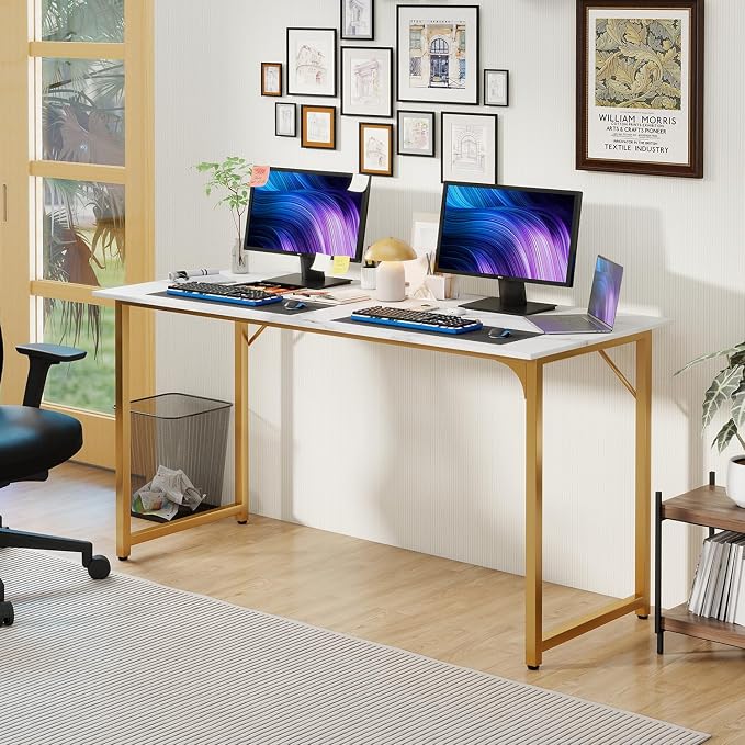 PayLessHere | 55 Inch Computer Desk | White Gold | Office Desk with Metal Frame, Adjustable Feet | Water-Resistant, Scratchproof Surface | Sturdy Writing Table for Home Office or Study | Pack of 1 - Image 2