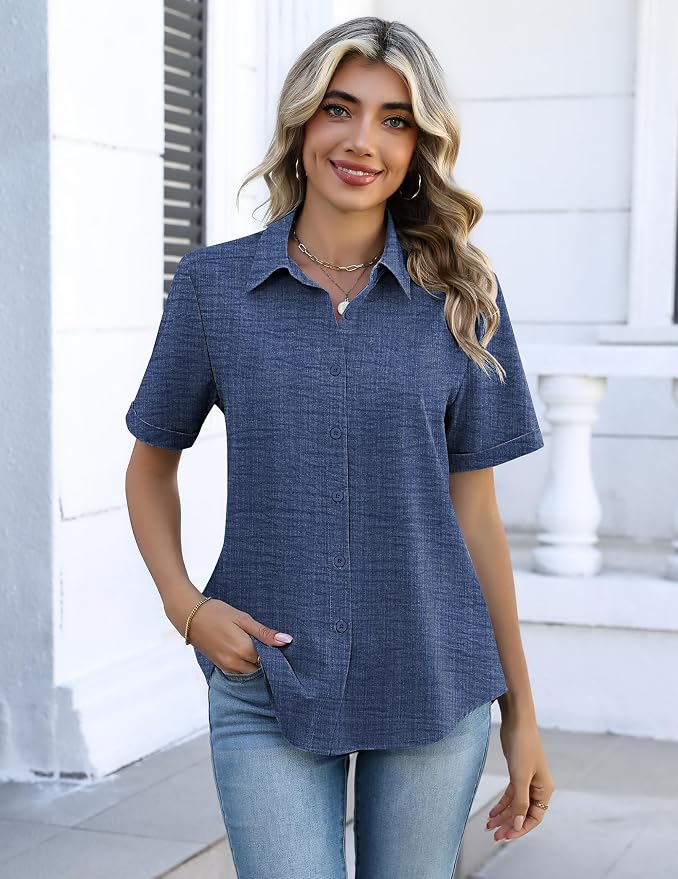 Zeagoo Button Down Shirts for Women Short Sleeve Collared Tops Dressy Casual V Neck Blouses - Image 5