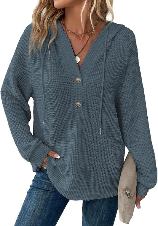 Dokotoo Hoodies for Women Waffle Knit Long Sleeve Drawstring Button V Neck Casual Sweatshirt Hooded Tops Fashion Clothing by Dokotoo