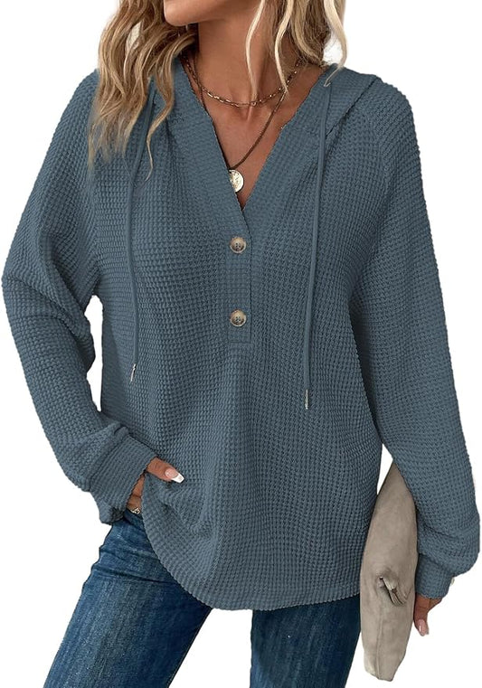 Dokotoo Hoodies for Women Waffle Knit Long Sleeve Drawstring Button V Neck Casual Sweatshirt Hooded Tops Fashion Clothing by Dokotoo