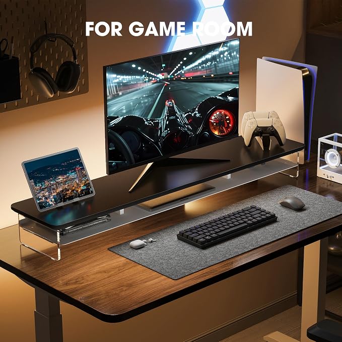 Fenge 42.5" Dual Monitor Stand with Clear Acrylic Legs, Black | Clear acrylic, storage compartment, 2-tier home office monitor riser, wide large desktop shelf fit monitor/laptop/printer - Image 8