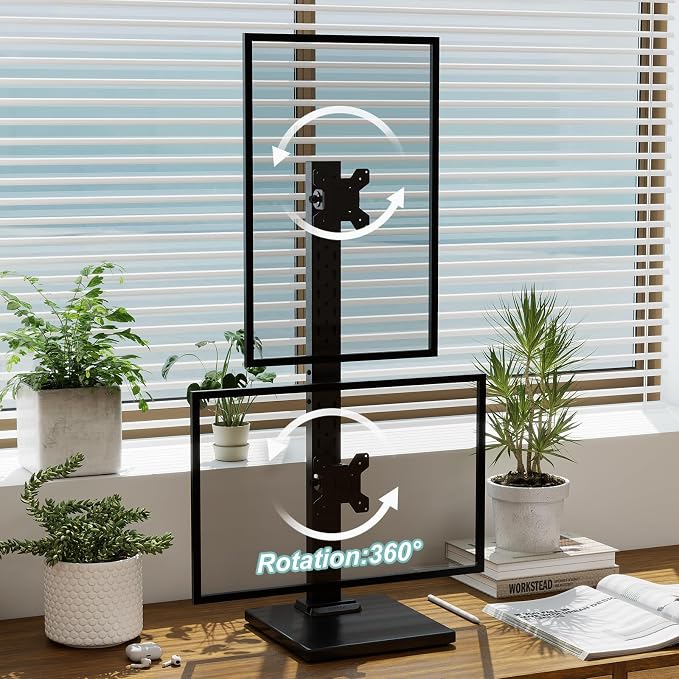 Suptek Dual Monitor Stand with Base Vertical Stack Screen Free-Standing Monitor Riser Fits Two Screen Max 36" & One Screen Max 43" with Swivel, Tilt, Height Adjustable,50,75 and 100mm Vesa Base Stand - Image 4