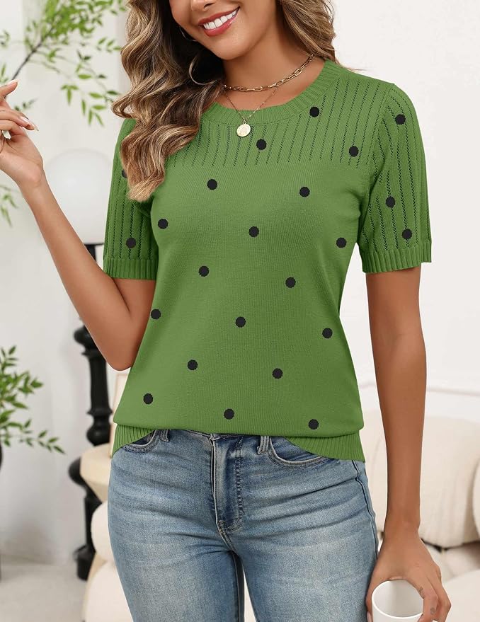 Zeagoo Women's Short Sleeve Sweater Tops 2026 Spring Summer Crew Neck Hollow Out Blouses Dressy Business Casual Outfits - Image 3