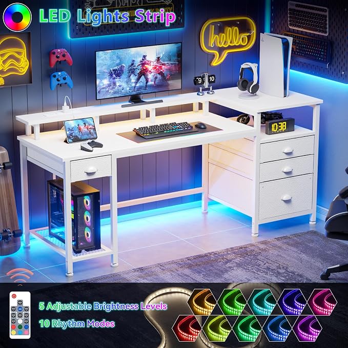 Furologee 60" White Computer Desk with 4 Drawers, Power Outlet, LED Lights | Home Office Desk with Full Monitor Stand,Storage Shelves, 4 File Drawers Cabinet ,Printer Space for Study Working Bedroom - Image 6