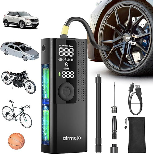 Airmoto Tire Inflator Portable Air Compressor - Air Pump For Car Tires with Digital Pressure Gauge, LED Light and Auto Shut-Off Function - Cordless Pump for Car, Motorcycle, Bicycle, Ball by Airmoto