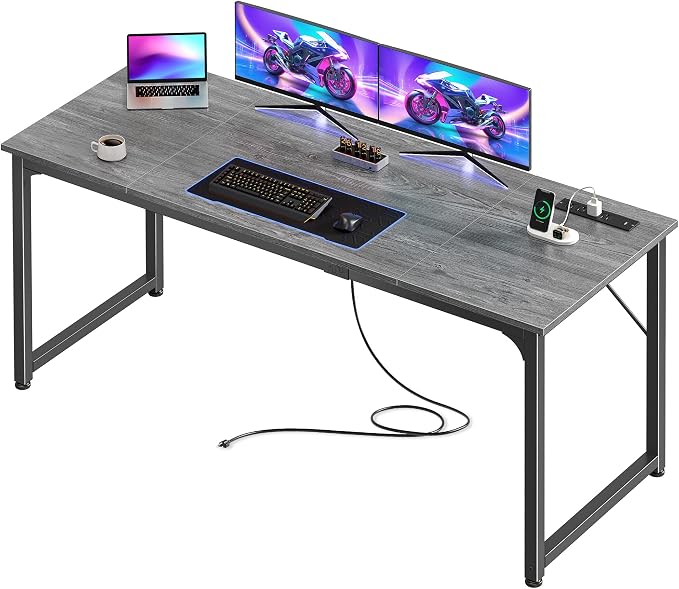 PRAISUN 63 X 24 Inch Computer Desk, Power Outlets, USB-C, Grey | Office Desk with 4 AC Outlets, USB & USB-C, Sturdy Metal Frame, Spacious Desktop for Work, Writing, Study & Gaming by PRAISUN