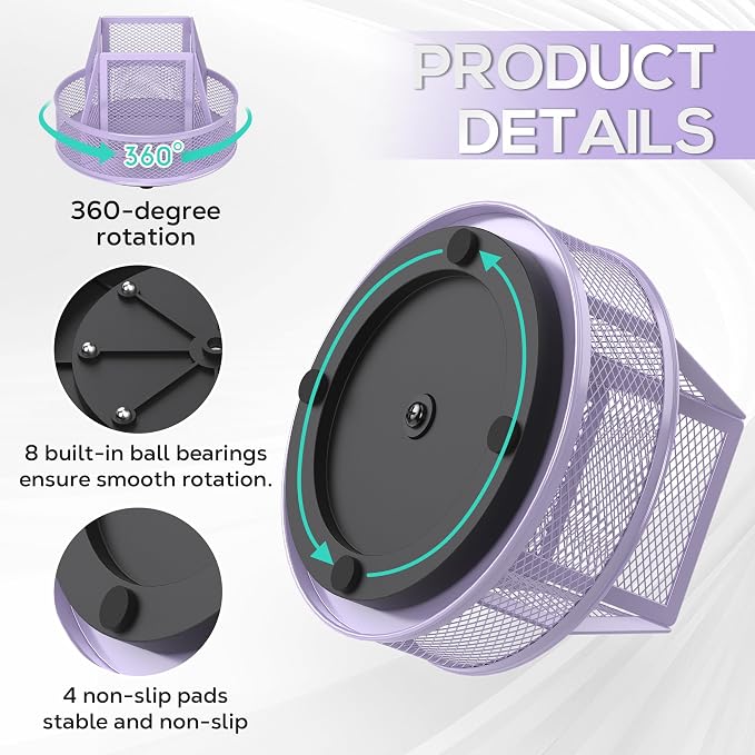 YINGHUA Metal Mesh Desk Organizer with 5 Compartments and Rotating Pencil Holder Pen and Stationery Organizer for Office Home School Anti Slip Base Purple - Image 4