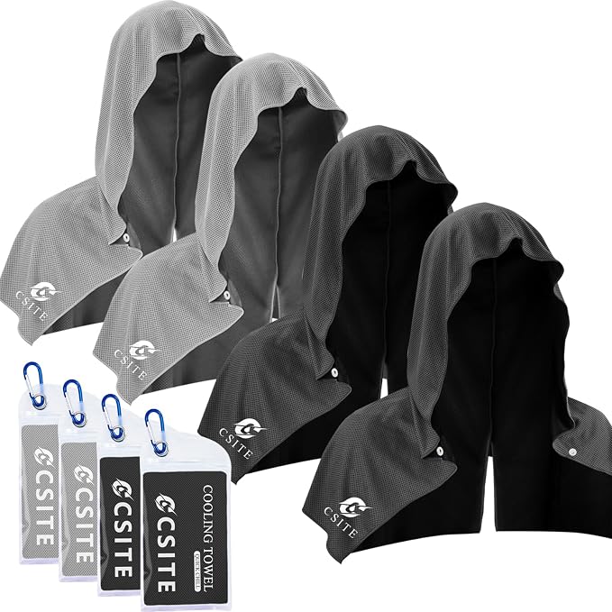 CSITE 4 Pack Cooling Hoodie Towels for Neck and Face, UPF 50 Sun Protection & Instant Cooling, Ice Towels for Hot Weather, Soft Breathable Towel for Sport, Work Out, Gym, Camping & More Activities by CSITE