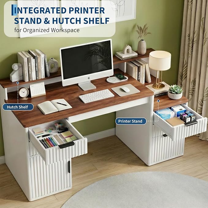 IDEALHOUSE Rectangular Computer Desk with Hutch & Printer Stand, Ripple Door Storage Home Office Desk, Space-Saving Study Writing Desk for Bedroom, Sturdy Board Student Desk with Easy Assembly - Image 5