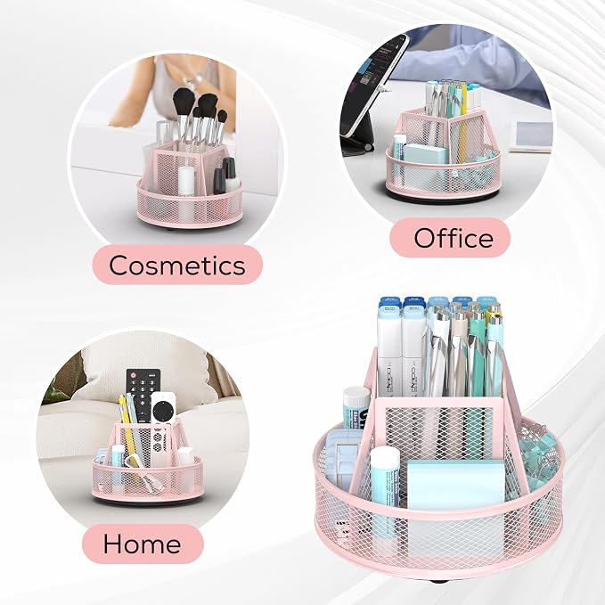 YINGHUA Metal Mesh Desk Organizer with 5 Compartments and Rotating Pencil Holder Pen and Stationery Organizer for Office Home School Anti Slip Base Pink - Image 5