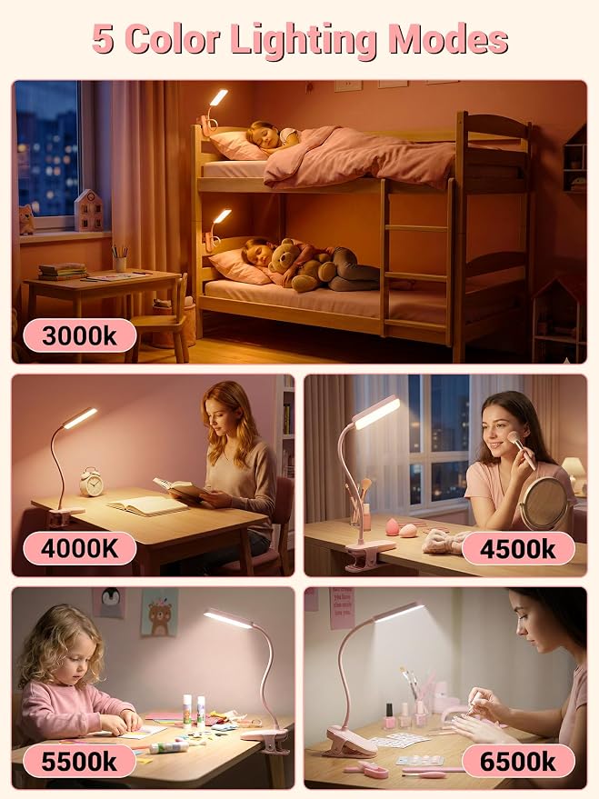 Pink Desk Lamp for Dorm Lamp, 9 Brightness+5 Color Clip on Light, Cute Lamp | 4000mAh Battery Rechargeable, Small Pink Lamp for Girls/Kids, Cordless Clip on Reading Light for Bed/Headboard/Bedside Table - Image 3