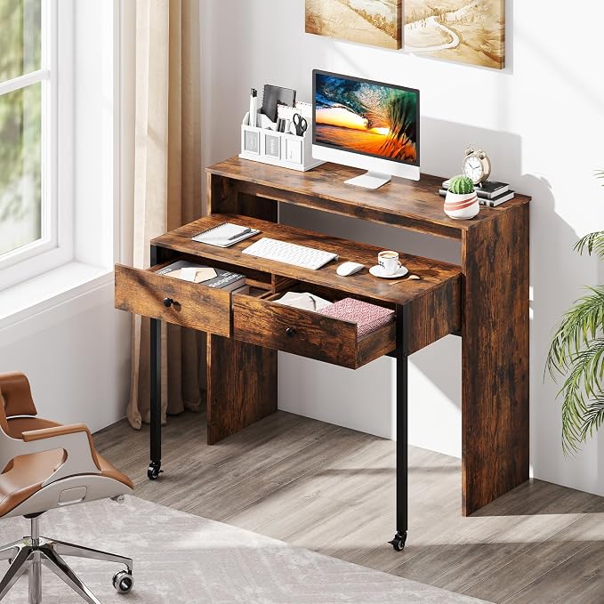 Giantex Small Computer Desk with Hutch & Drawers, Extendable Writing Desk w/Pull Out Secondary Table, Monitor Stand & Rolling Wheels, Console Table, Compact Desk for Small Spaces (Rustic Brown) - Image 4