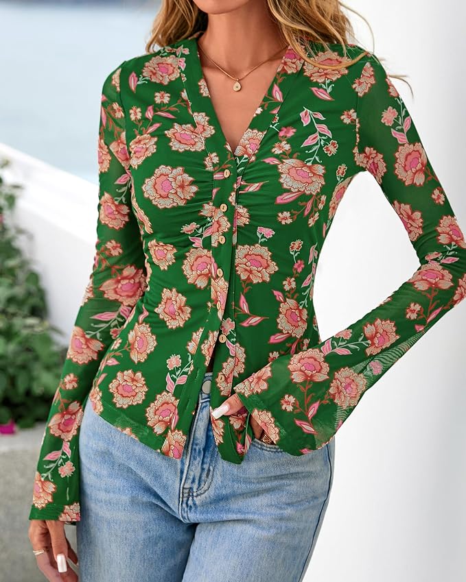 BTFBM Button Down Shirts for Women 2026 Fall Boho Tops V Neck Long Sleeve Blouses Ruched Mesh Fitted Fashion Clothing - Image 4