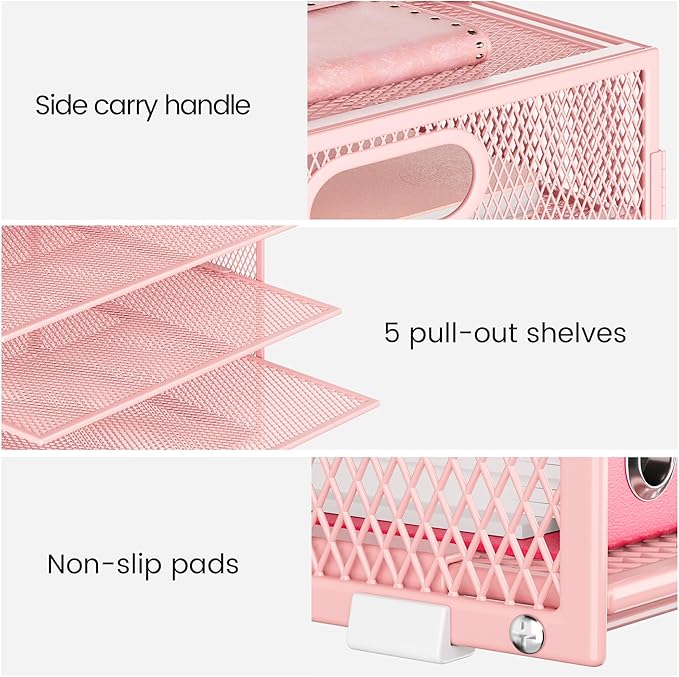 Lavatino 8-Tier Letter Tray Desk Paper Organizer, Mesh File Sorter Tray Organizer for Desk Office Supplies & Home Organization, Fits A4 Paper, Mail, Magazines and Office Accessories (Pink with Handle) - Image 2