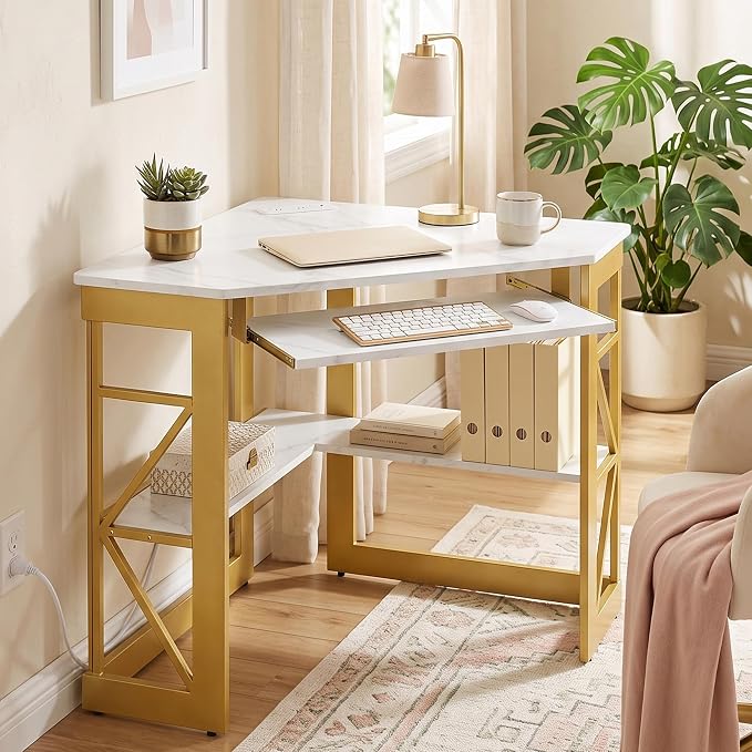 VECELO Corner Desk, Triangle Computer Desk for Small Space with Charging Station and Keyboard Tray, Corner Makeup Table with Storage Shelves for Home Office Bedroom, 41x30, Gold - Image 7