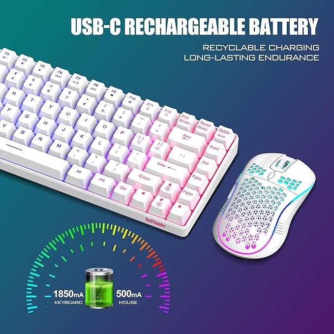 RedThunder K84 Wireless Keyboard and Mouse Combo, Rainbow Backlit Rechargeable Battery, 75% Layout TKL Ultra Compact Gaming Keyboard & Lightweight 3200 DPI Honeycomb Optical Mouse (White) - Image 5