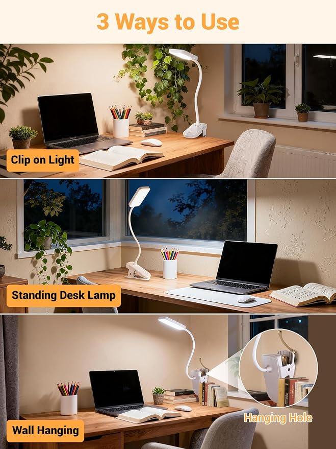 Clip on Lamp, 9 Brightness+5 Colors Reading Lights for Books in Bed Lamp | 4000mAh Battery Clip on Light,450 Lumen Rechargeable Desk Lamp for Dorm Lamp,Book Light for Reading in Bed Headboard/Bedside - Image 7