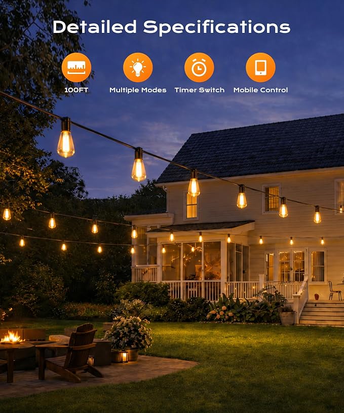 Outdoor String Lights, 100FT Patio Lights for Outside, Smart App & Remote Control with Timer, Dimmable with 4 Scene Modes, Warm White Waterproof LED Bulbs for Garden, Yard and Backyard Decor - Image 2