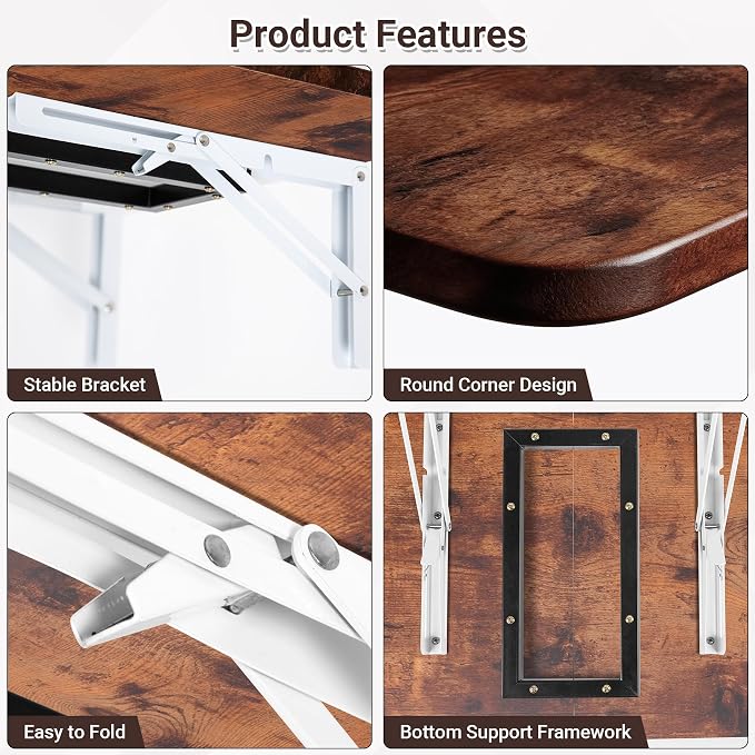 Neoaider Wall Mounted Folding Desk 23.6” x 15.7”, Brown | Drop Down Table with Metal Collapsible Brackets, Folding Wall Table for Small Spaces, Home, Office, Kitchen, Laundry Room - Image 5