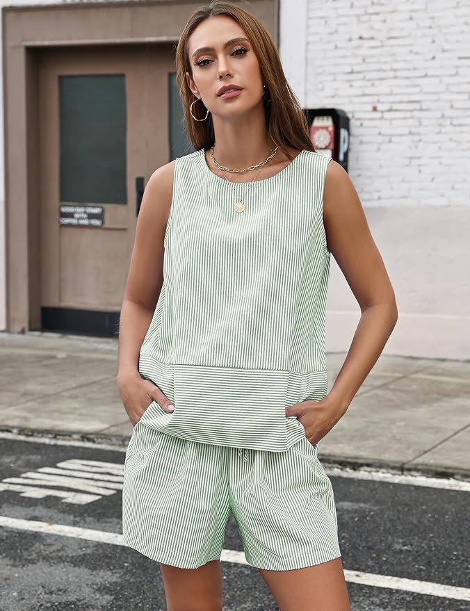 LOMON Women's Trendy 2 Piece Outfits Shorts Sets Summer Crew Neck Sleeveless Tank Top and Bottom Matching with Pockets 2026 - Image 6