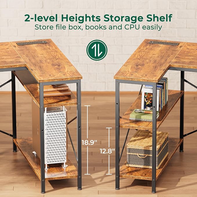 Huuger L Shaped Desk with Power Outlets, 63 Inch Reversible Computer Desk with 3 Drawers and Shelves, Home Office Table for Corner Work Study Writing Gaming, Rustic Brown - Image 7
