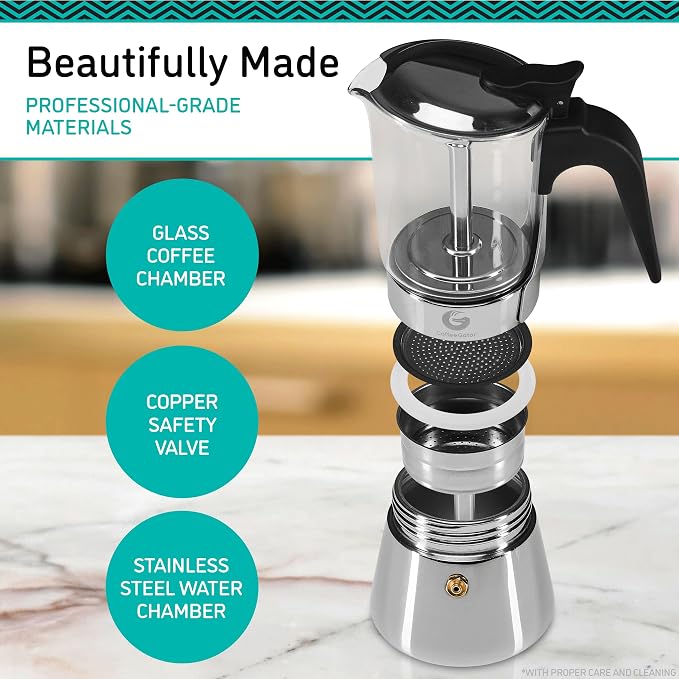 Coffee Gator 4 Cup Moka Pot, 6.7oz Stovetop Espresso Maker for Italian Coffee, Transparent Glass & Stainless Steel Design, Silver, 200ml - Image 4