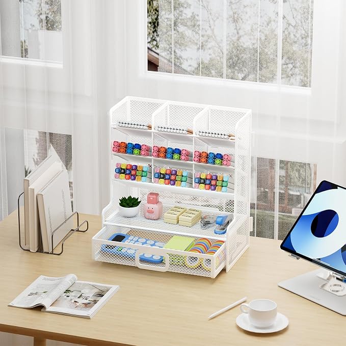 Marbrasse Larger Mesh Desk Organizer with Drawer, Multi-Functional Pen Pencil Holder, Easy Assembly, Desk Organizers and Accessories for Office Art Supplies (White) | Multi-Functional Pen Pencil Holder, Easy Assembly, For Office Art Supplies - Image 8
