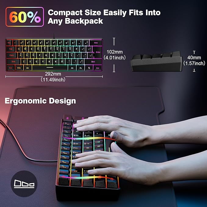 Snpurdiri 60% Wired Gaming Keyboard, 61 Keys RGB (Black) | Backlit Ultra-Compact Mini Gaming Keyboard for PC/Mac Gamer, Typist, Travel, Easy to Carry on Business Trip - Image 5