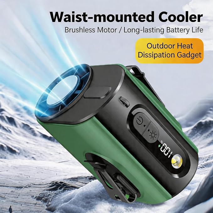 Portable Wearable Waist Fan,with Ice Cooler & Flashlight,10000mAh Rechargeable Clip On Belt Cooling Fan, 100-Speed 16000RPM Personal Body Fan,20H Work Time for Camping,Outdoor,Jobsite(Green) - Image 2