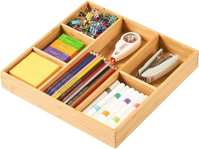 Umilife Bamboo Desk Drawer Organizer, Wood Office Junk Tray, 12"x12" | 1.8" Tall for Shallow Drawer - Adjustable dividers - Anti Slip Silicone Pads - Versatile Storage Box in Kitchen, Pantry by Umilife