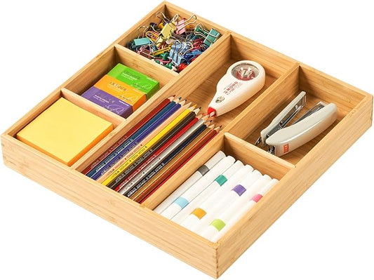 Umilife Bamboo Desk Drawer Organizer, Wood Office Junk Tray, 12"x12" | 1.8" Tall for Shallow Drawer - Adjustable dividers - Anti Slip Silicone Pads - Versatile Storage Box in Kitchen, Pantry by Umilife