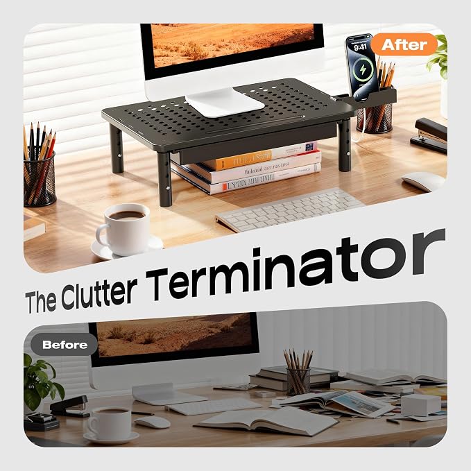 Computer Monitor Stand Riser with Storage, 3 Height Adjustable Laptop Desktop Monitor Stand with Drawer, Metal Short Printer Table, Stand Riser for Desk, Office Desk Organizers and Accessories, 1 Pack - Image 6