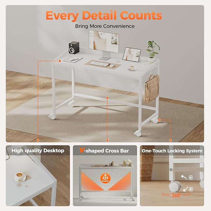 Mericonia 32x20 Inch Small Computer Desk with Wheels & Rear Lip | Simple Rolling Desk, Writing Table for Home Office Bedroom Work Study, White - Image 6