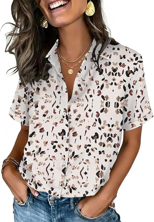 Zeagoo Button Down Shirts for Women Short Sleeve Collared Tops Dressy Casual V Neck Blouses by Zeagoo