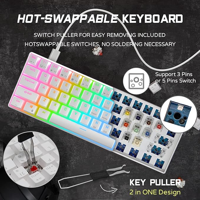 RK ROYAL KLUDGE RK61 Wired 60% Mechanical Gaming Keyboard Programmable QMK/VIA RGB Backlit 61 Keys Ultra-Compact Hot Swappable Brown Switch White - Image 3