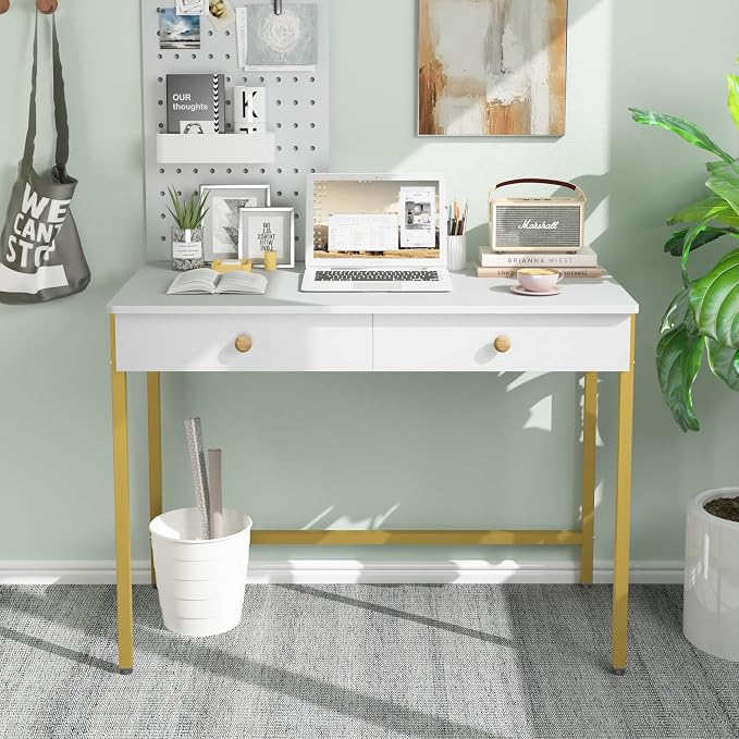 Weehom Computer Desk with Drawers, Home Office Workstation, White Gold | Sturdy and spacious workstation for writing, studying and gaming, Suitable for PC and laptop use - Image 2