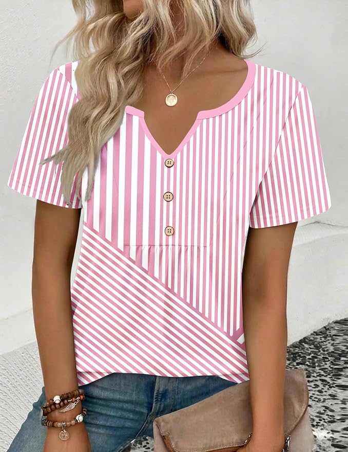 Zeagoo Womens Short Sleeve Tops Summer Henley V-Neck Tshirts Casual Pleated Blouse Dressy Loose Floral Basic Tee - Image 3