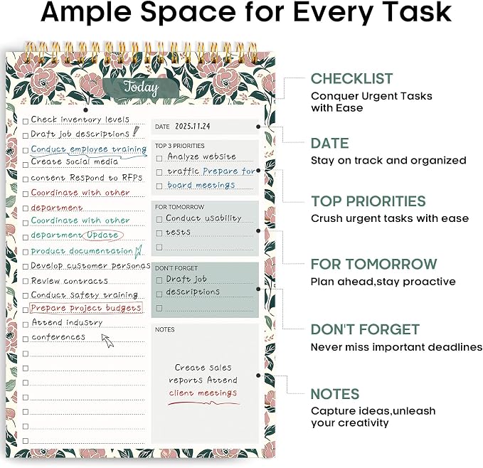 Taja To Do List Notepad, Undated Daily Planner for Work and Goal Setting | Rose Meadow, 52 Sheets, 9.8" x 6.5" , for Office, Home and school, Daily Task Planning, Notes and Everyday Organization - Image 2