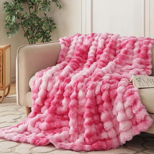 COOVA Faux Fur Throw Blanket for Couch, Cozy Soft and Fuzzy Plush Rabbit Fur Bubble Blanket for Sofa Bedroom Living Room, 50x60 Inches Tie Dye Pink by COOVA