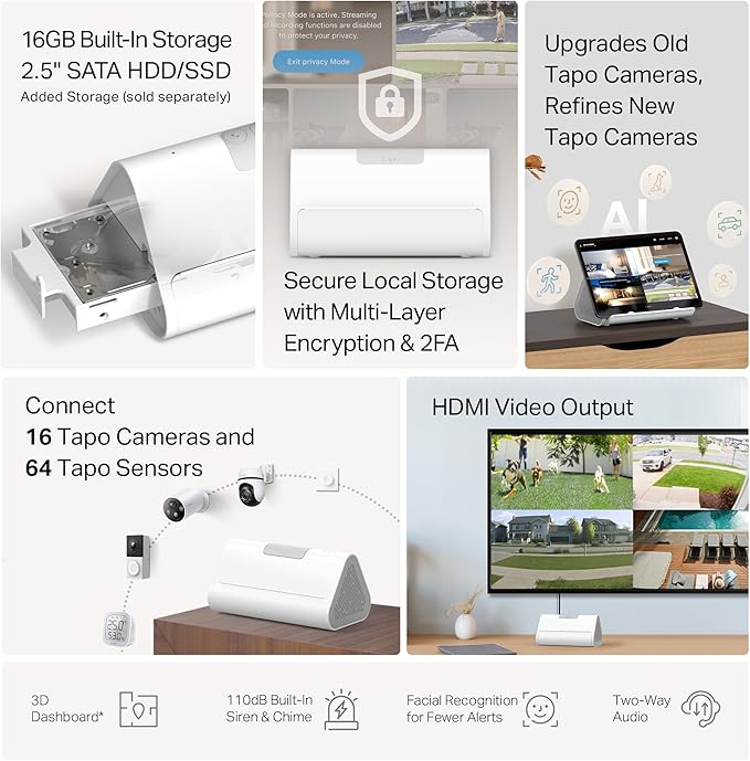 Tapo CentralHub for Smart Home Devices – Connect up to 16 Tapo Cameras & 64 Sub-G Sensors, 16GB Built-in Storage + 2.5'' SATA Expandable Storage Option, Improves Camera AI Accuracy - H500 - Image 3