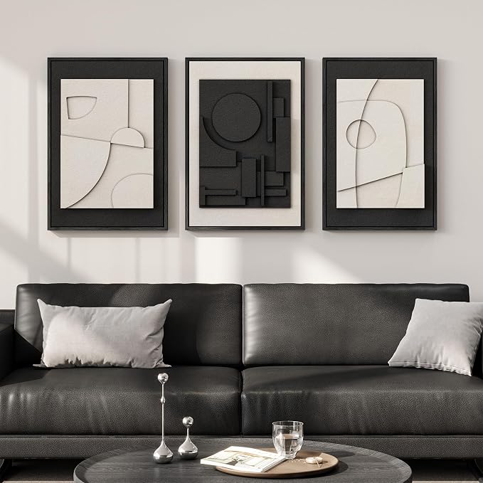 3D Textured Framed Black and White Abstract Wall Art for Bedroom, 3 Piece Modern Paintings Artwork for Walls, Minimalist Black White Geometric Pictures for Living Room, Dining Room Wall Decor 16x24 In - Image 2