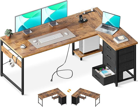 AODK 61" L Shaped Gaming Desk with 4 Drawers and Power Outlets, Vintage | USB Ports, PC Tower Stand, Hooks, Reversible Corner Layout for Gaming Rooms, Bedrooms and Home Office by AODK