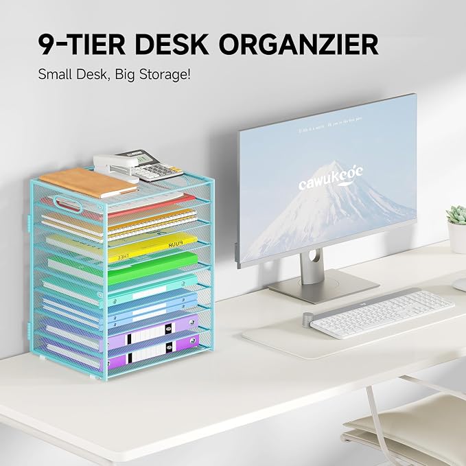 Cawukege 9 Tier Paper Organizer with Handle, Large Capacity Desk Organizer Mesh File Folder Letter Paper Tray Desktop Document Sorter for Classroom, School, and Office Accessories Organization- Blue - Image 2