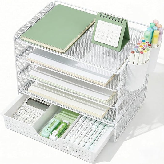 LEKETREE Desk Organizer and Accessories, 5-Tier Paper Letter Tray Organizer with Drawer & 2 Pen Holders for Desktop File Organization, Office Desk Accessories for Supplies Storage (White) by Stylishworkspaceeffortlessorganization