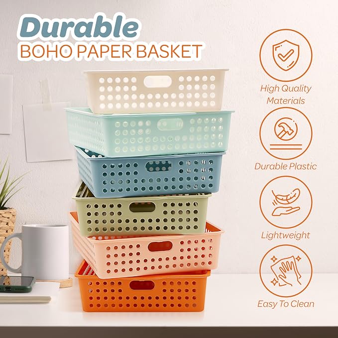 4E's Novelty 6 Pack Classroom Paper Baskets, Organizing Desk Boho Tray for A4 Papers, Classroom Storage Plastic Paper Bins, Fun Turn In Trays for Teachers and Students, Office Desk Room Trays - Image 7